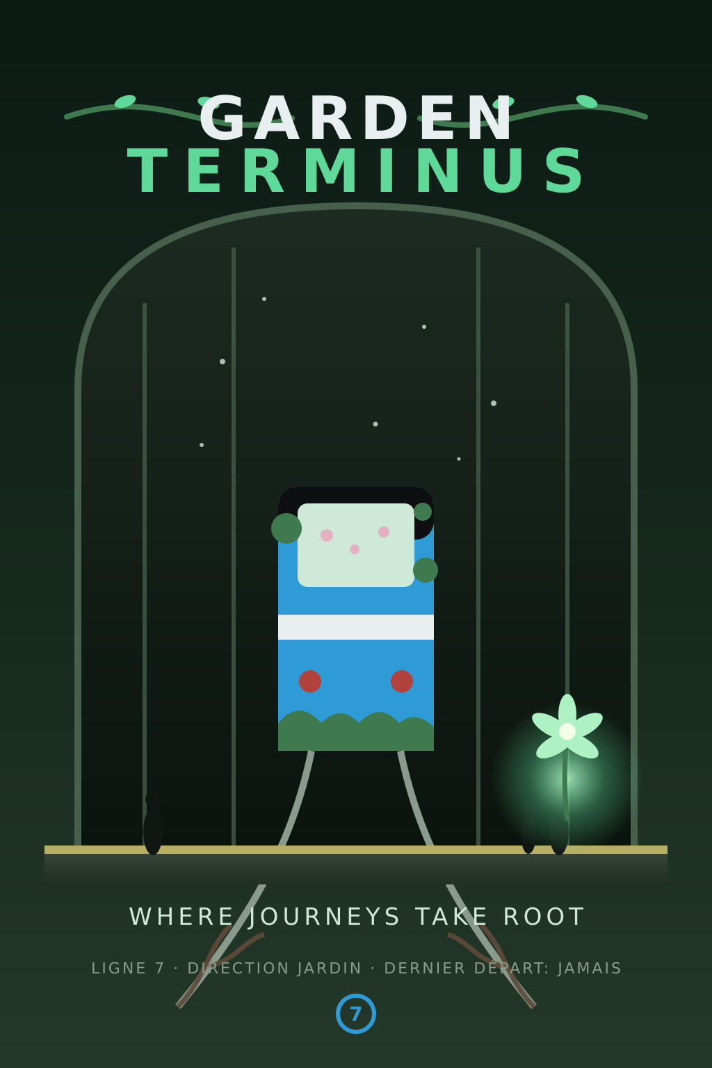 garden terminus — a poster in blues: an angular glyph like an angel rendered in thin lines, above the words GARDEN TERMINUS